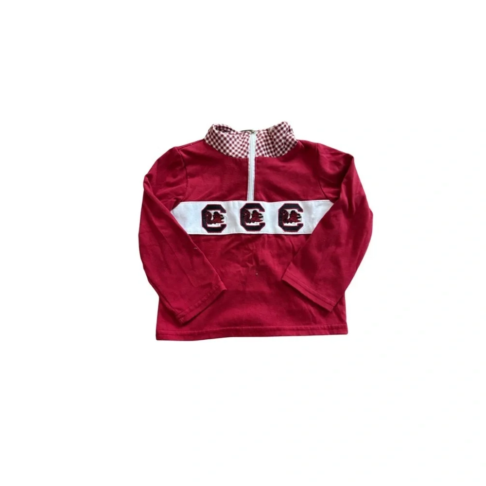 USC Embroidery Red Long Sleeve Shirt with White and Red Checkered Collar